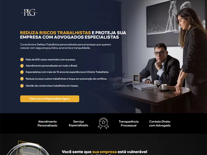 Primeira tela do site de PLG Advogados